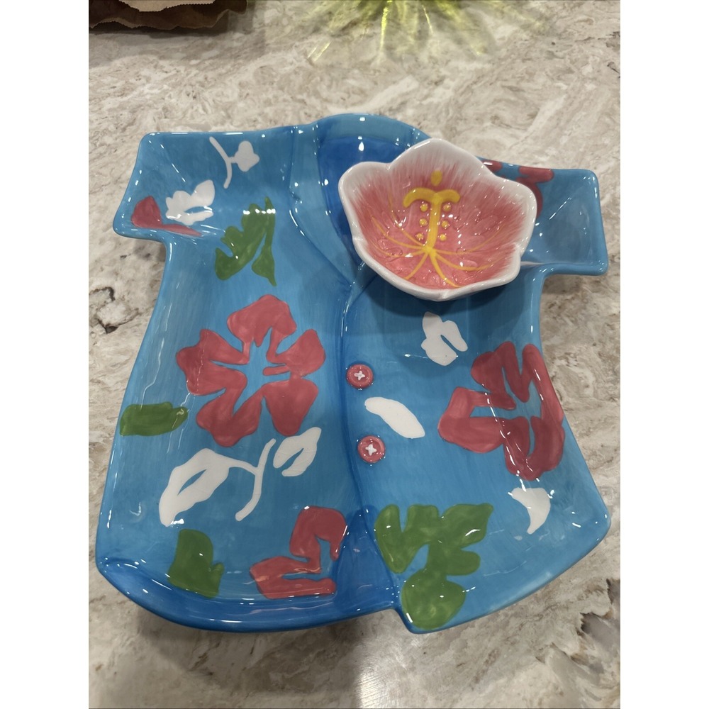DENNIS EAST‎ CHIP & DIP PLATTER..HAWAIIAN BLUE SHIRT & PINK FLOWER FOR DIP BOWL